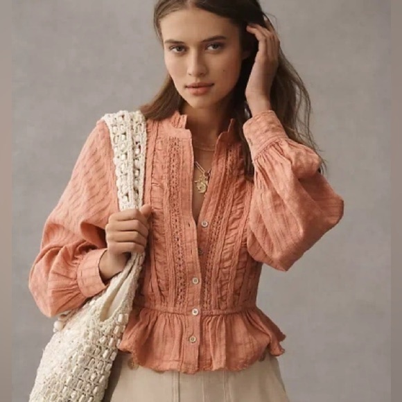 NWT! Anthropologie Pilcro Long Sleeve Delicate Blouse in Pink - Size Medium 🟤 - Picture 1 of 5